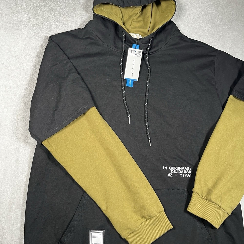 GURUNVANI‎ Contrast Color Hoodie Men's 2XL Black & Olive Green-NWT - Picture 3 of 6